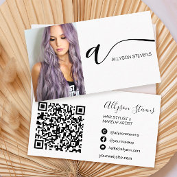 Black white hair makeup photo initial qr code business card