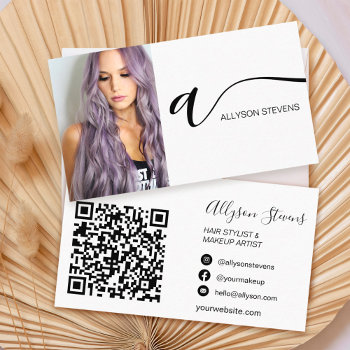 Black White Hair Makeup Photo Initial Qr Code Business Card by girly_trend at Zazzle