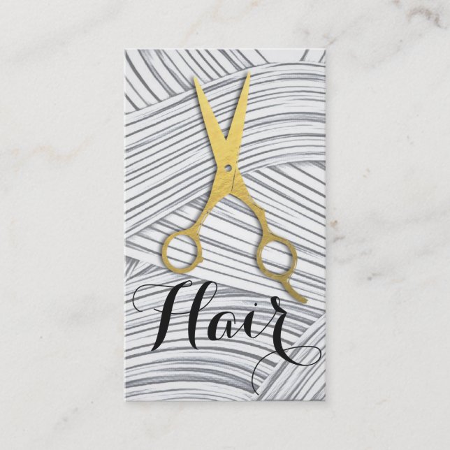 Black White Hair Pattern Gold Scissors Hairstylist Appointment Card (Front)