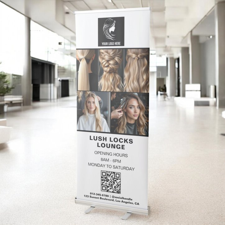 Black White Hair Salon QR Code Business Logo Photo Retractable Banner