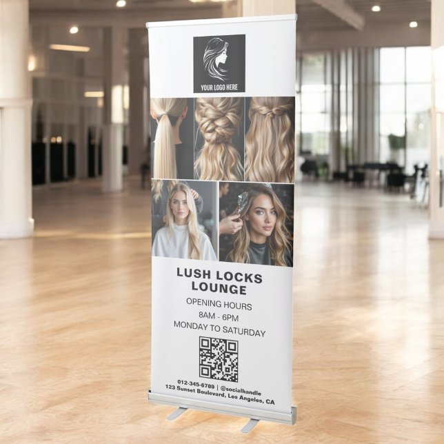 Black White Hair Salon QR Code Business Logo Photo Retractable Banner (Creator Uploaded)
