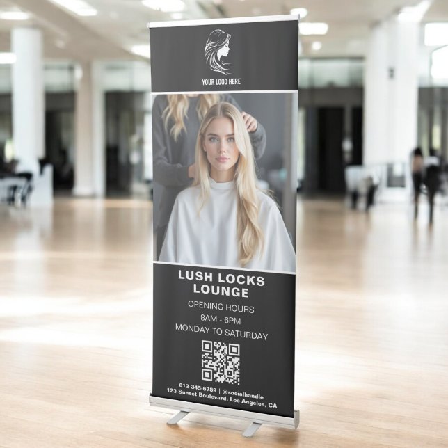 Black White Hair Salon QR Code Business Logo Photo Retractable Banner (Creator Uploaded)