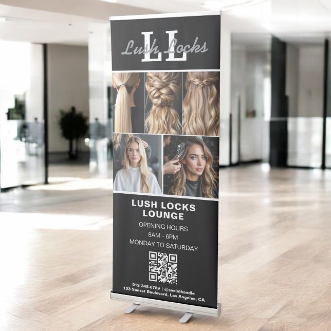 Black White Hair Salon QR Code Monogram Photo Retractable Banner (Creator Uploaded)