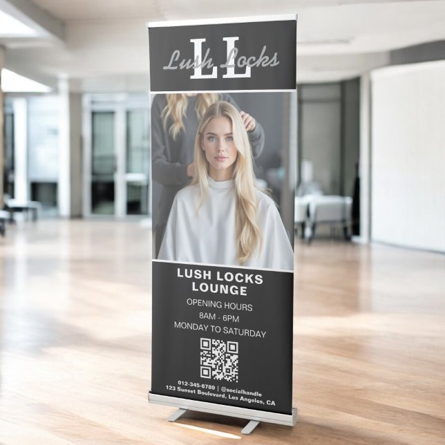 Black White Hair Salon QR Code Monogram Photo Retractable Banner (Creator Uploaded)