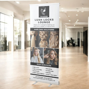 Black White Hair Salon Services Photo Collage Logo Retractable Banner