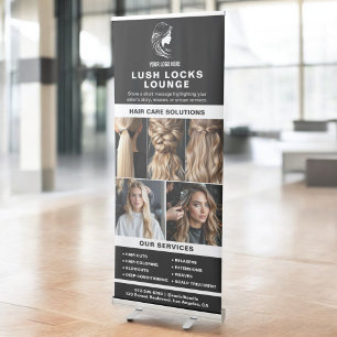 Black White Hair Salon Services Photo Collage Logo Retractable Banner