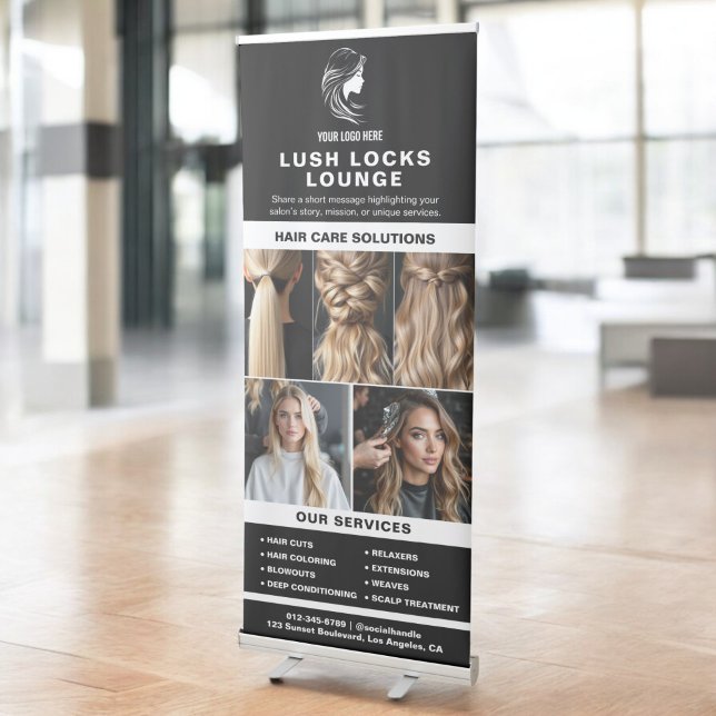 Black White Hair Salon Services Photo Collage Logo Retractable Banner (Creator Uploaded)