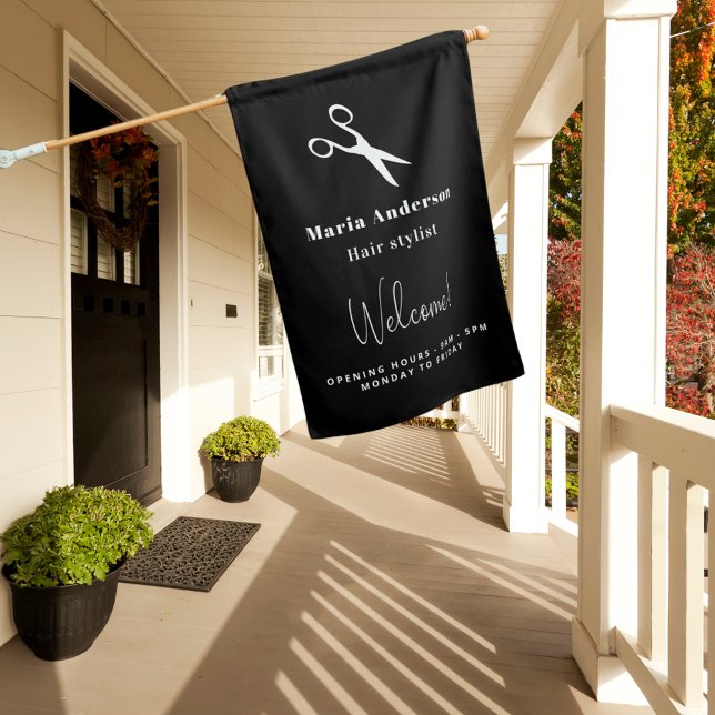 Black white hair stylist opening hours house flag (Creator Uploaded)