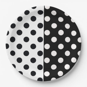 Black White Half Color Split Inverse Polka Dots Paper Plates