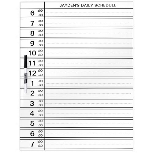 Black White Half Hour Schedule 6am to 7pm Planner Dry Erase Board