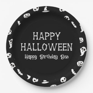 Black White Halloween Bats & Ghost Halloween Party Paper Plates