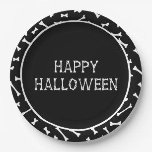 Black & White Halloween Bones & Bats Pattern Paper Plates