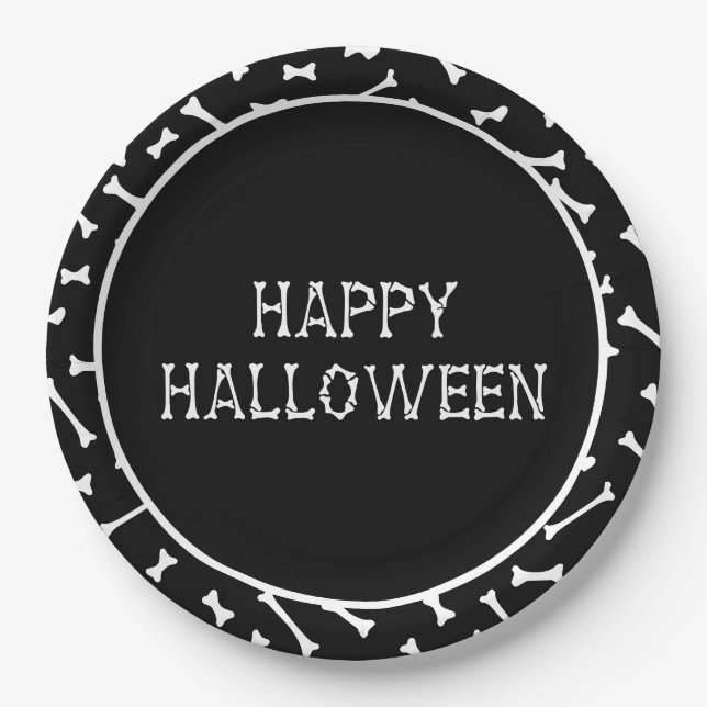 Black & White Halloween Bones & Bats Pattern Paper Plates (Front)