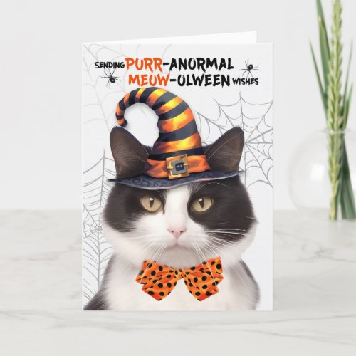 Black White Halloween Cat PURRanormal MEOWolween Holiday Card