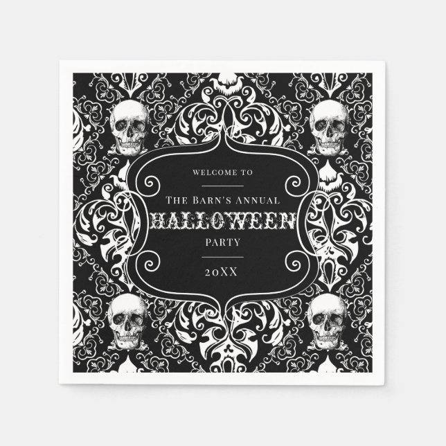 Black White Halloween Damask Skull Pattern Custom Napkins (Front)