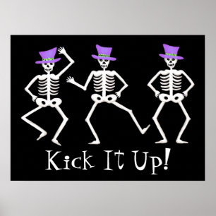 Black White Halloween Dancing Skeleton Top Hats Poster