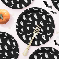 Black & White Halloween Ghost & Bats Pattern Paper Plates