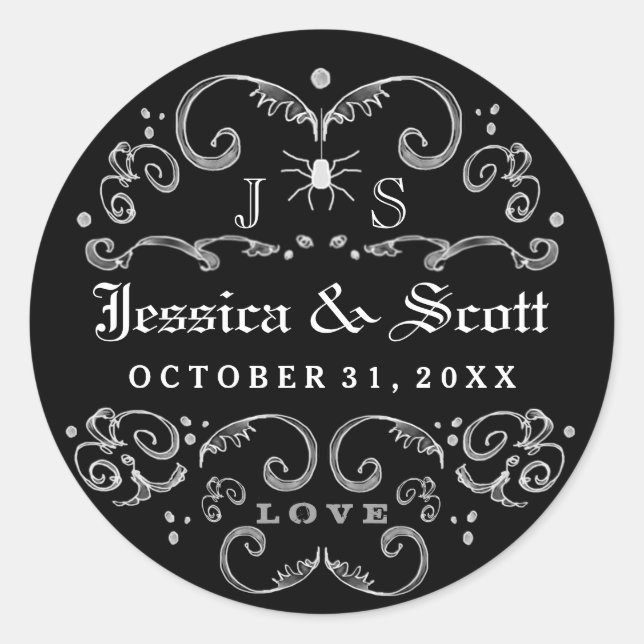 Black & White Halloween Gothic Wedding Names Date Classic Round Sticker (Front)