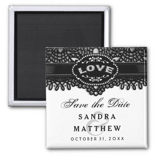 Black  White Halloween Lace LOVE Save Date Magnet