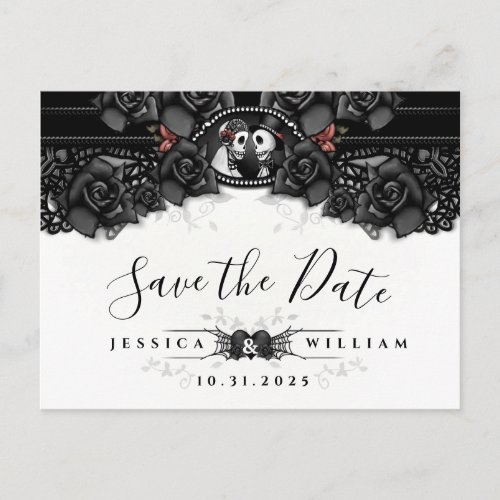 Black White Halloween Lace Wedding Skeletons Announcement Postcard