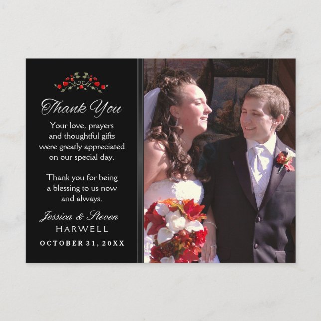 Black & White Halloween Red Roses Wedding Postcard (Front)
