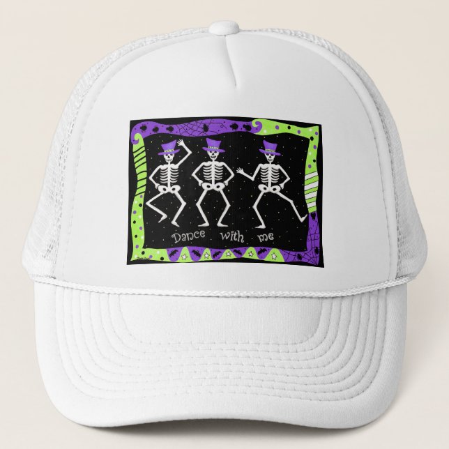 Black White Halloween Skeleton Bones Dance Trucker Hat (Front)