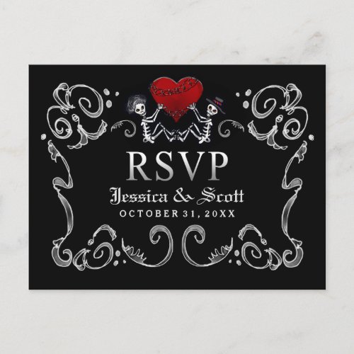 Black White Halloween Skeletons Heart Wedding RSVP Invitation Postcard