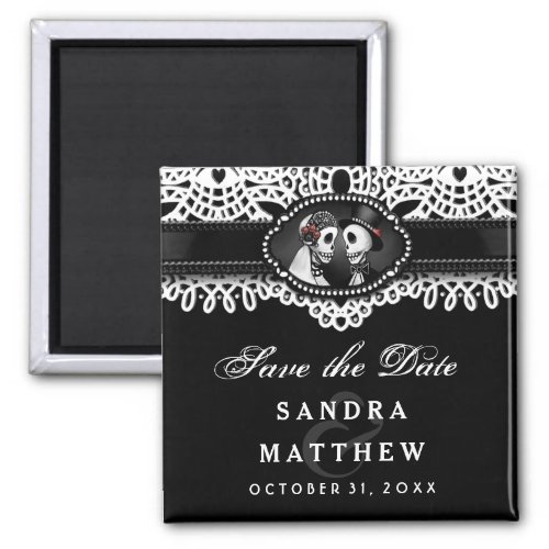 Black  White Halloween Skeletons Lace Save Date Magnet