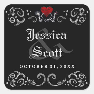 Black White Halloween Skeletons Wedding Names Date Square Sticker