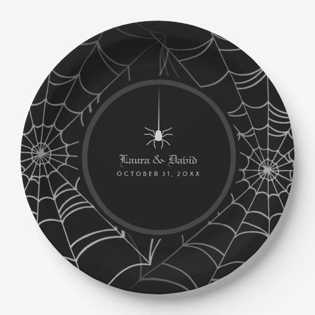 Black & White Halloween Spider Web Wedding Paper Plates (Front)