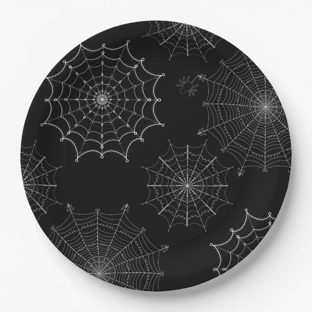 Black & White Halloween Spider Webs Paper Plates (Front)