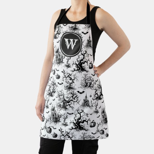 Black & White Halloween Toile Monogram Apron (Insitu)