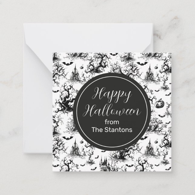 Black & White Halloween Toile Monogram Enclosure Note Card (Front)