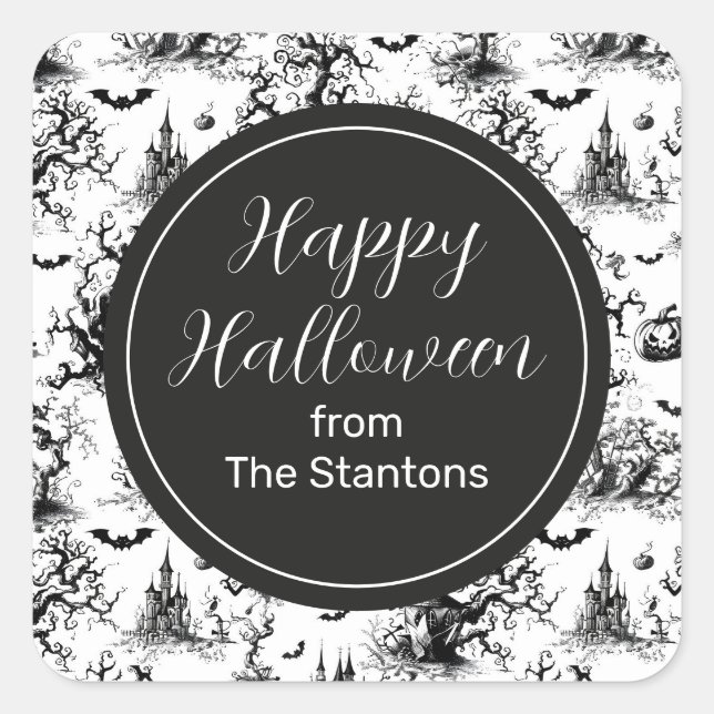 Black & White Halloween Toile Monogram Enclosure Square Sticker (Front)