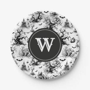 Black & White Halloween Toile Monogram Paper Plates
