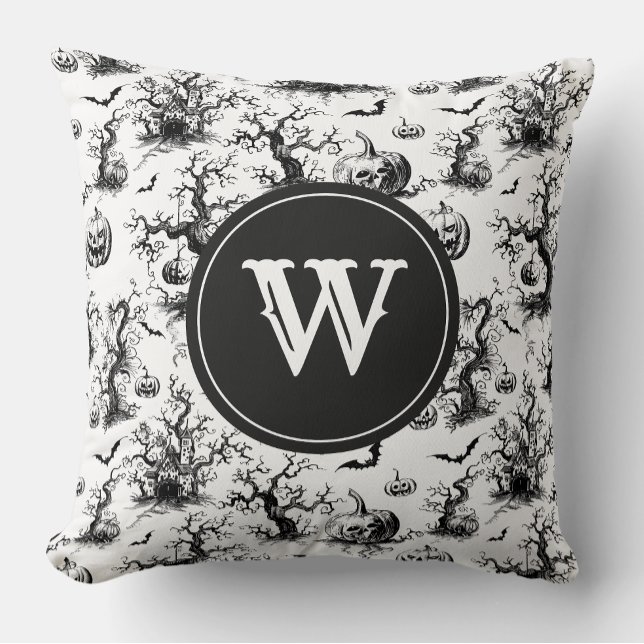 Black & White Halloween Toile Monogram Throw Pillow (Creator Uploaded)