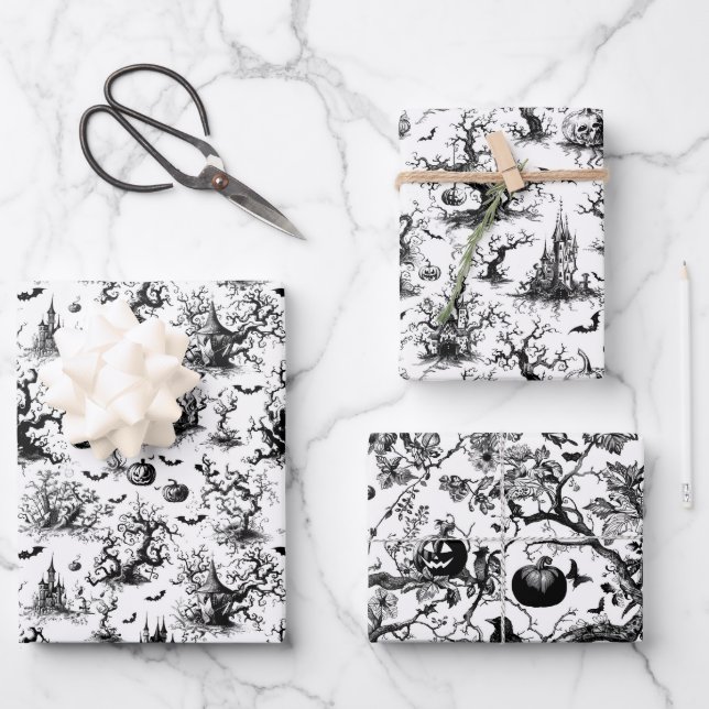 Black & White Halloween Toile Wrapping Paper Sheets (Front)