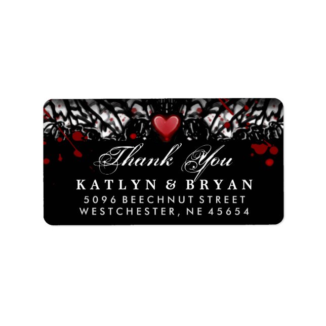 Black & White Halloween Wedding Heart Thank You Label (Front)