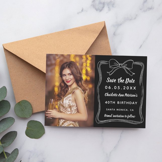 Black white hand-drawn bow photo birthday save the date (Creator Uploaded)