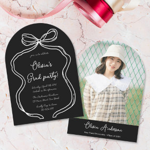 Black White Hand Drawn Bow Photo Graduation Party Invitation