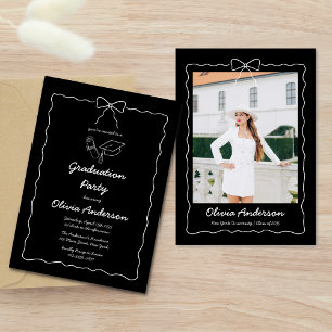 Black White Hand Drawn Bow Photo Graduation Party Invitation