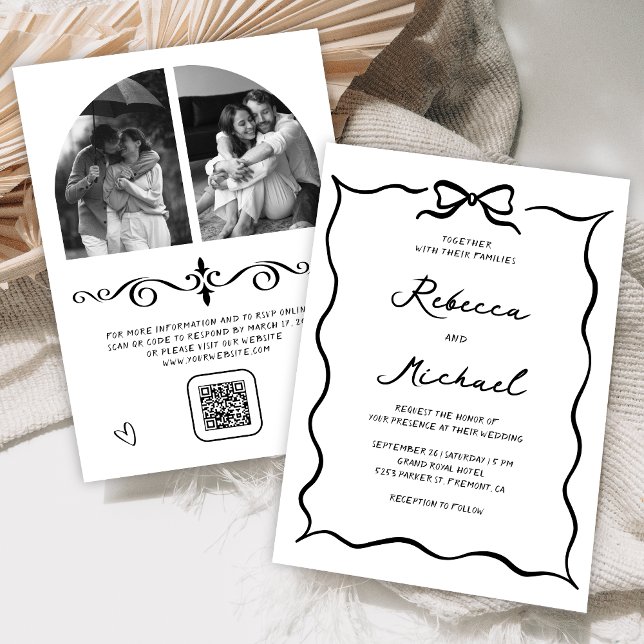 Black & White Hand Drawn Bow QR Code Photo Wedding Invitation (Creator Uploaded)