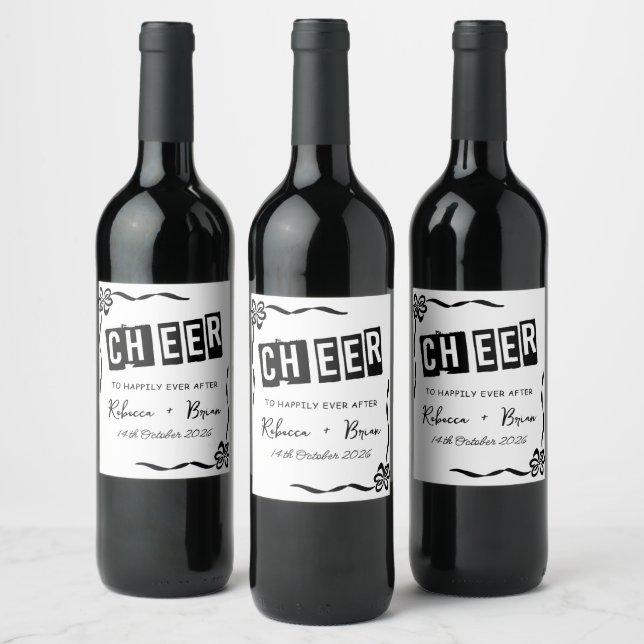 Black & White Hand Drawn Bow Sketch Wedding Wine Label (Bottles)