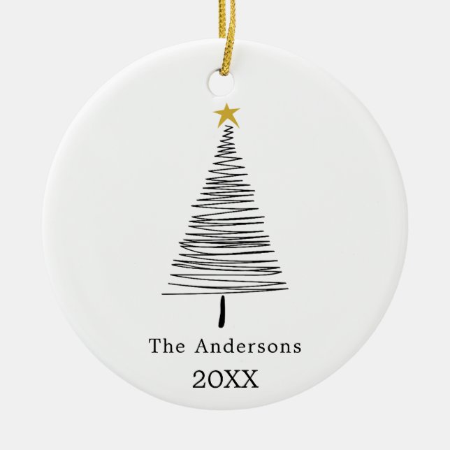Black white hand-drawn Christmas tree family name Ceramic Ornament (Front)
