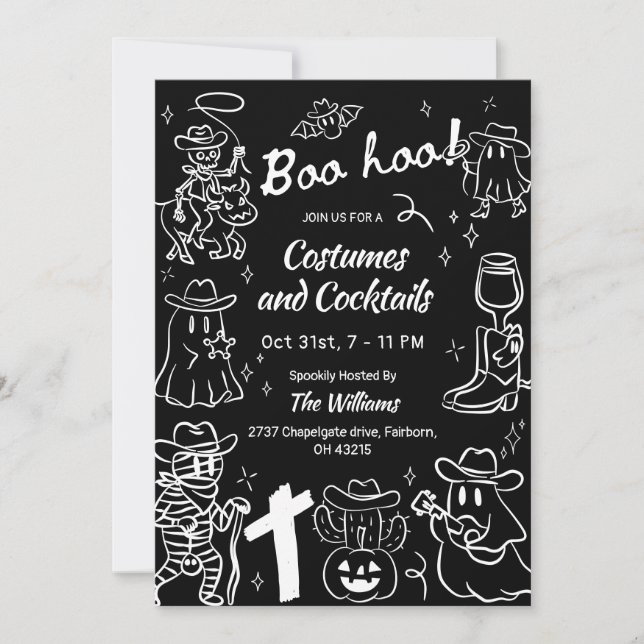 Black & White Hand Drawn Cowboy Halloween Party  Invitation (Front)