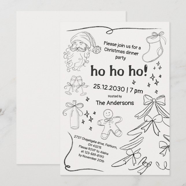 Black & White Hand Drawn Doodle Christmas Party Invitation (Front/Back)