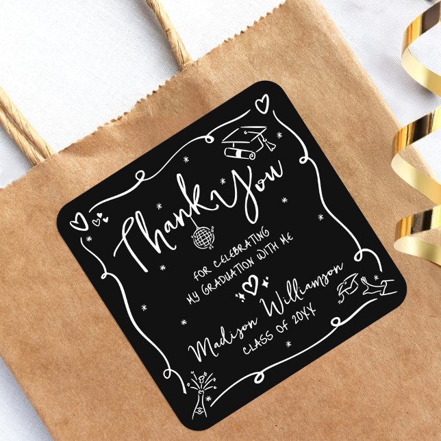 Black White Hand Drawn Doodle Graduation Thank You Square Sticker (Creator Uploaded)