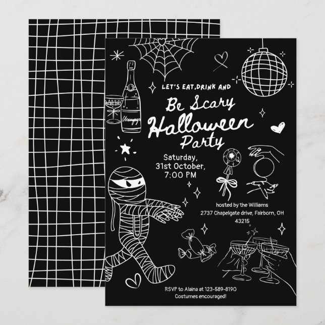 Black & White Hand Drawn Doodle Halloween Party Invitation (Front/Back)