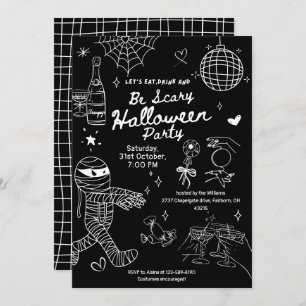 Black & White Hand Drawn Doodle Halloween Party Invitation