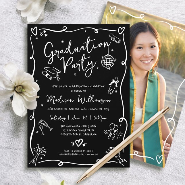Black White Hand Drawn Doodle Photo Graduate Party Invitation (Creator Uploaded)